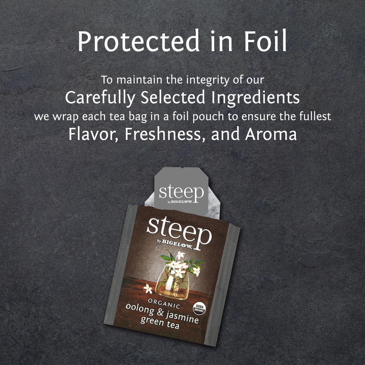 Bigelow Steep Oolong Jasmine cup-steeping scene highlights rich aroma and flavor