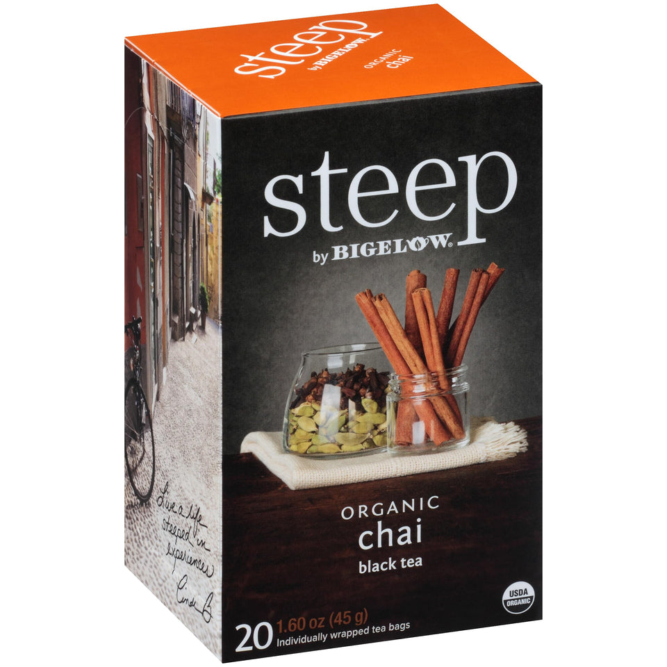 Bigelow Steep Organic Chai Black Tea box highlights rich flavor for mornings.