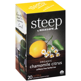 Bigelow Steep Organic Chamomile Citrus tea bags offering a fragrant, relaxing break