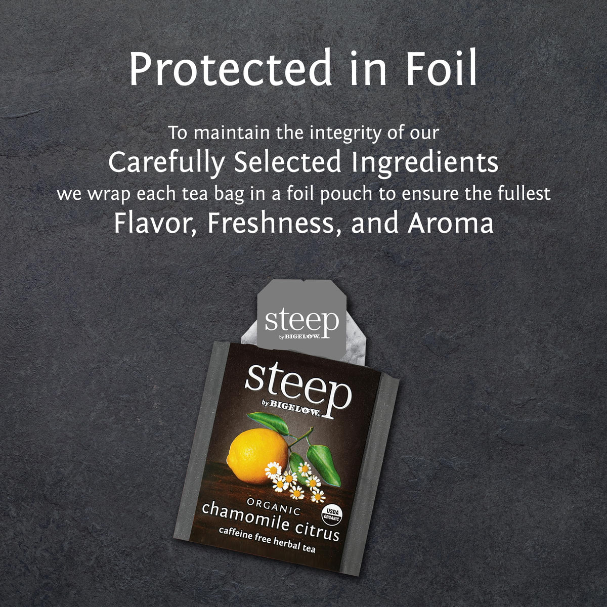 Bigelow Organic Chamomile Citrus packaging highlighting USDA Organic and non-GMO verification