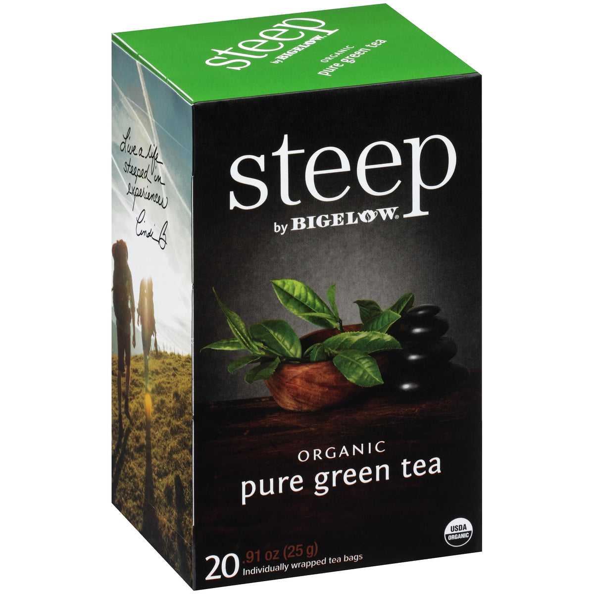Bigelow Organic Green Tea packaging highlighting premium organic leaves for a fresh brew.