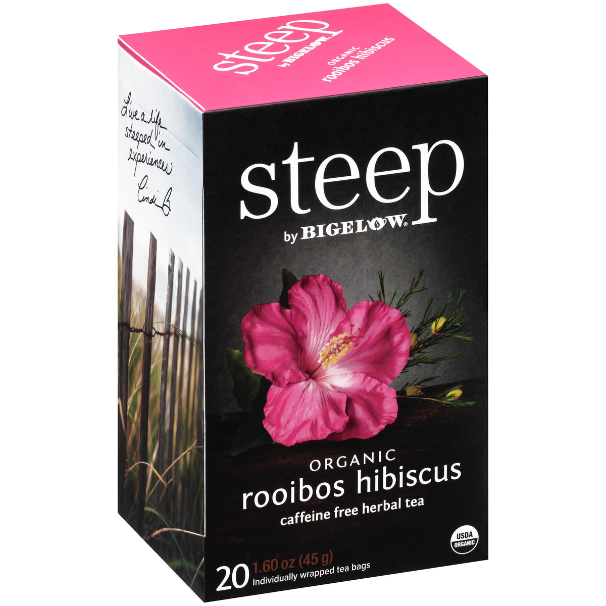 Bigelow Rooibos Hibiscus tea bags—caffeine-free herbal blend for anytime enjoyment.