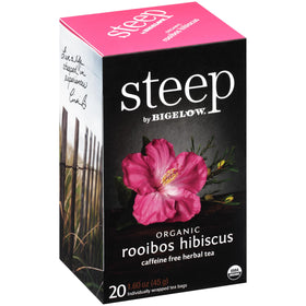 Bigelow Rooibos Hibiscus tea bags—caffeine-free herbal blend for anytime enjoyment.
