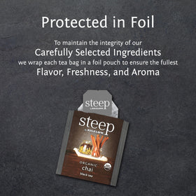 Steaming cup of chai by Bigelow invites a cozy, flavorful moment.