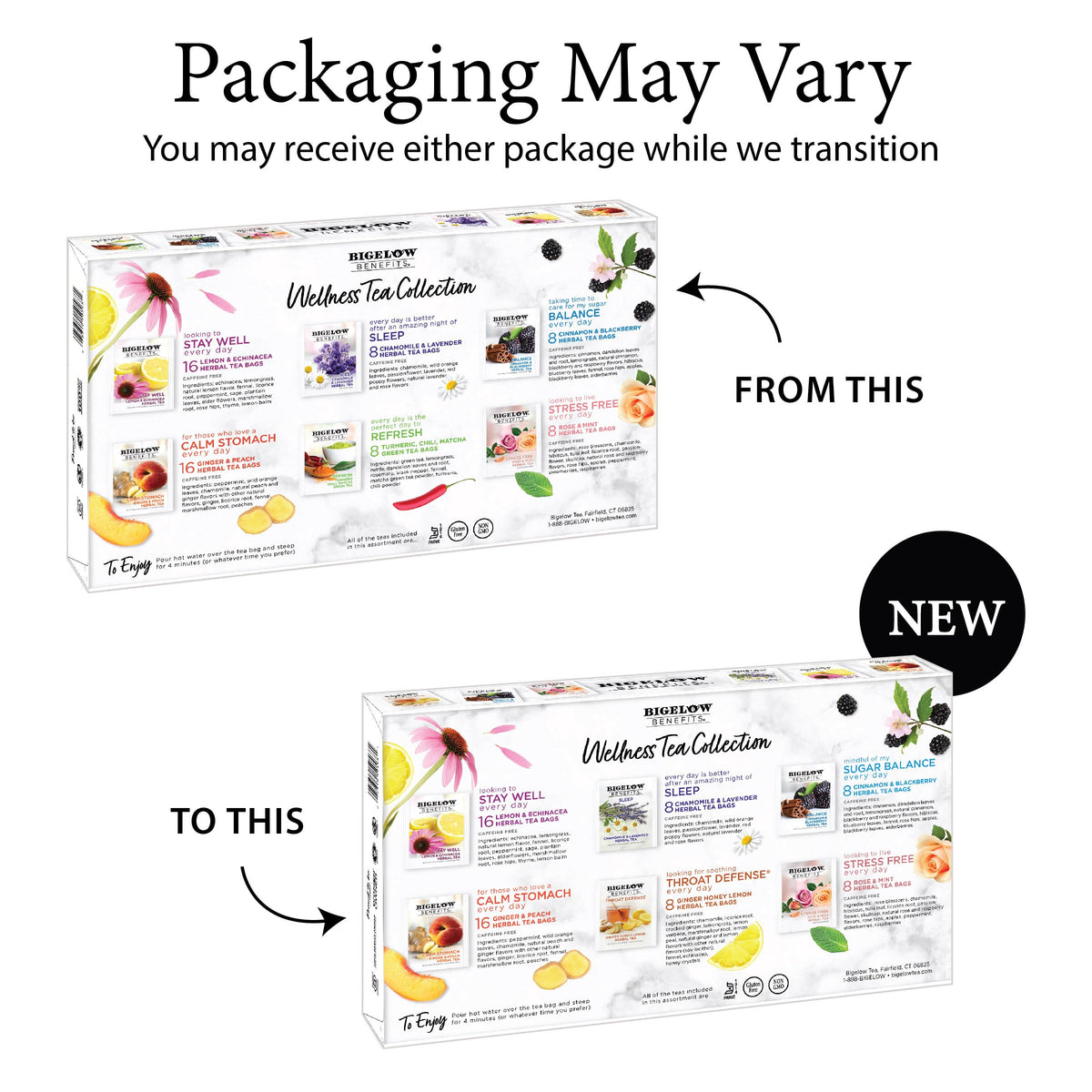 Bigelow Stress Free tea bags ready for a soothing break at home or on the go.
