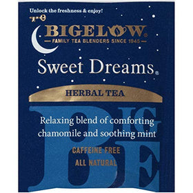 Bigelow Sweet Dreams chamomile and hibiscus blend closeup for a gentle night ritual.