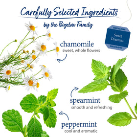 Closeup of Bigelow Sweet Dreams tea bag showing chamomile and mint notes.