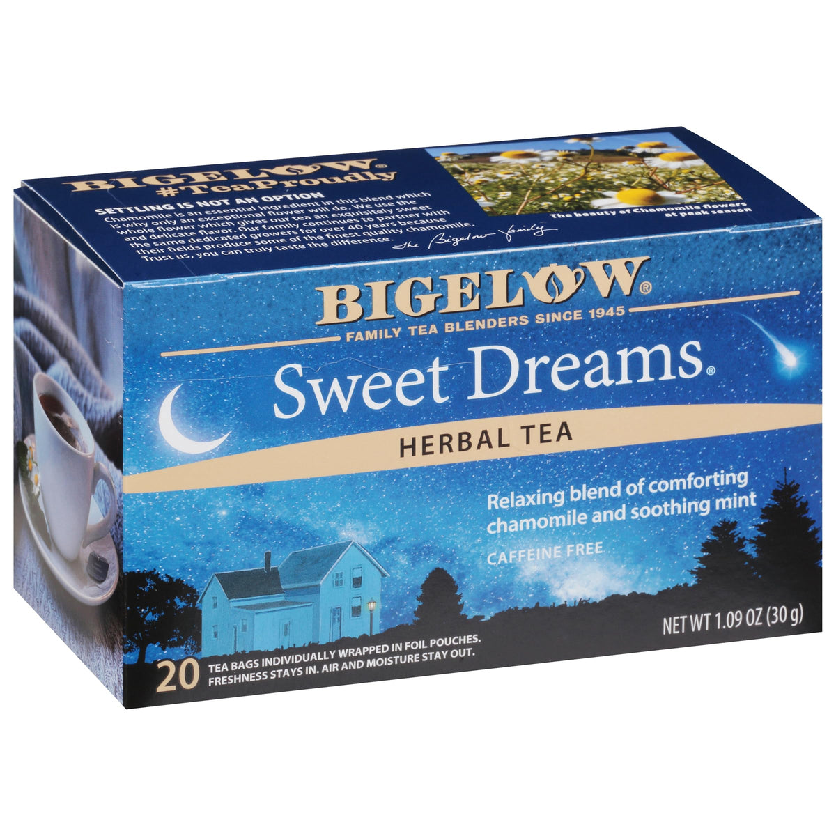 Bigelow Sweet Dreams tea bags in a box with calming aroma for winding down.