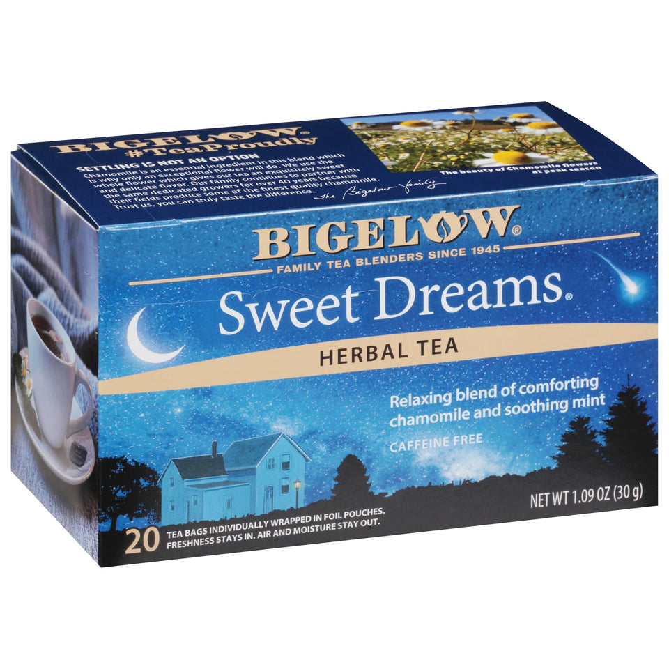 Bigelow Sweet Dreams tea bags in a box with calming aroma for winding down.