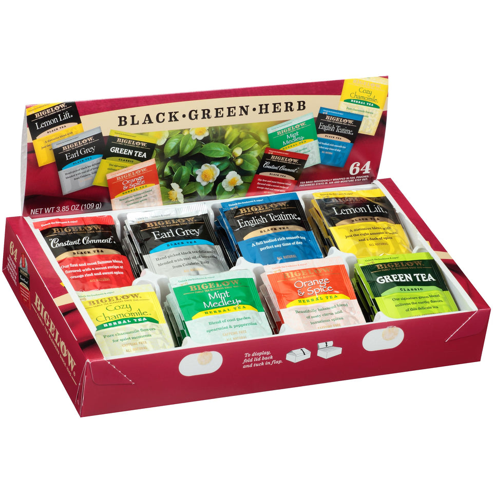 Bigelow Tea Assortment with 64 tea bags for daily flavor variety.
