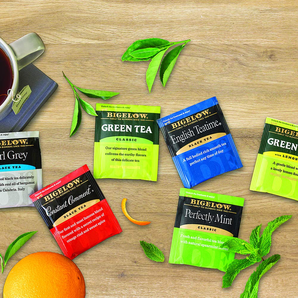 Bigelow Tea bags individually wrapped to preserve freshness for on-the-go use.