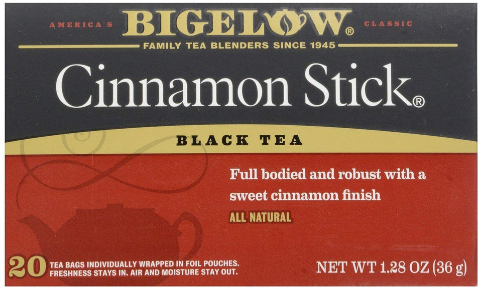 Bigelow Tea Black Tea Cinnamon Stick packaging featuring two boxes, ideal for cozy mornings.