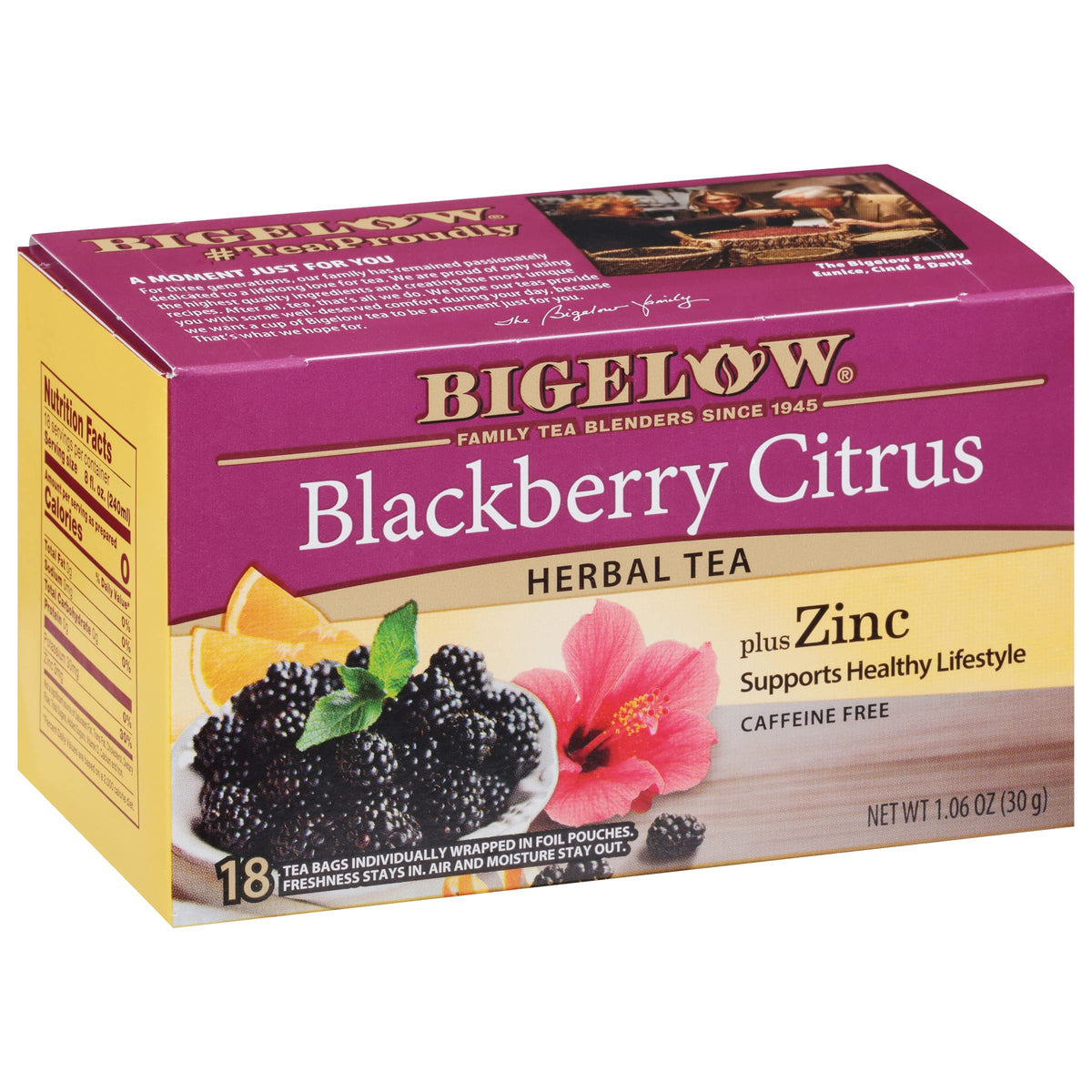 Bigelow Blackberry Citrus Plus Zinc Herbal Tea boxes for daily, caffeine-free enjoyment