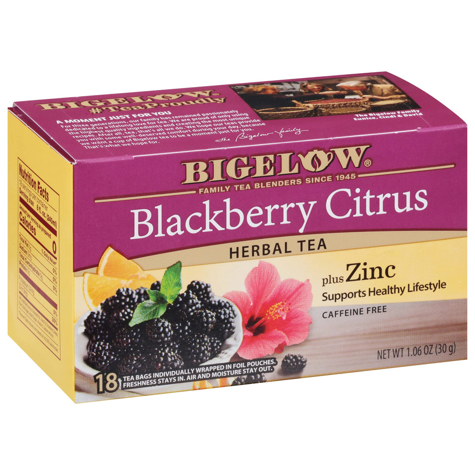 Bigelow Blackberry Citrus Plus Zinc Herbal Tea boxes for daily, caffeine-free enjoyment