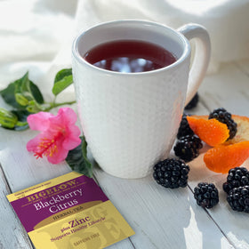 Close-up of Bigelow tea bags highlighting blackberry-citrus aroma