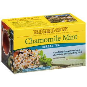 Bigelow Chamomile Mint cup showcases soothing aroma and caffeine-free calm.
