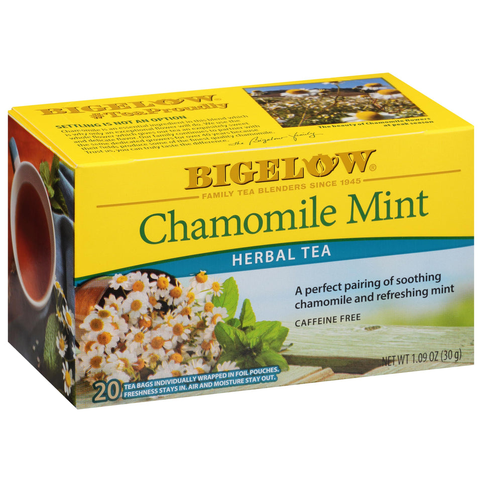 Bigelow Chamomile Mint cup showcases soothing aroma and caffeine-free calm.