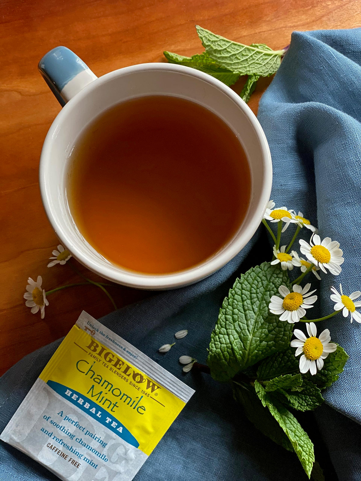 Bigelow Chamomile Mint tea bags ready for a relaxing evening brew.