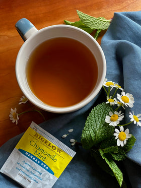 Bigelow Chamomile Mint tea bags ready for a relaxing evening brew.