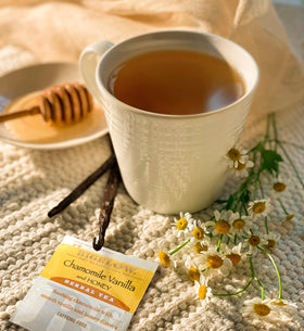 Box of Bigelow Chamomile Vanilla with Honey tea highlighting individually wrapped bags for freshness.