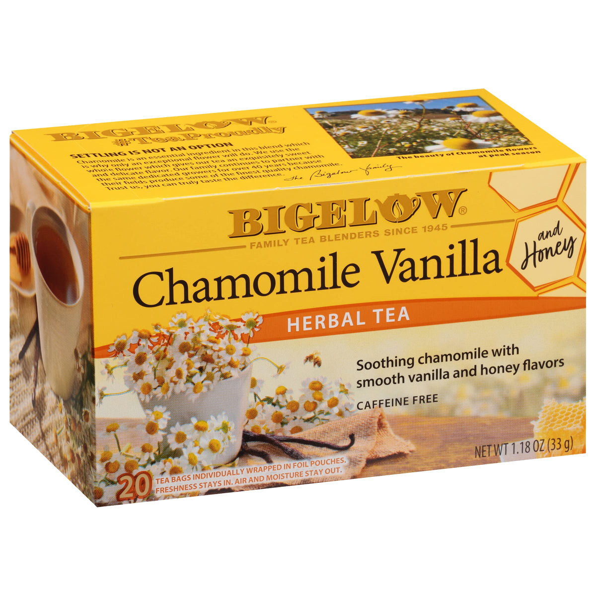 Bigelow Chamomile Vanilla with Honey tea bags for a soothing, caffeine-free ritual.