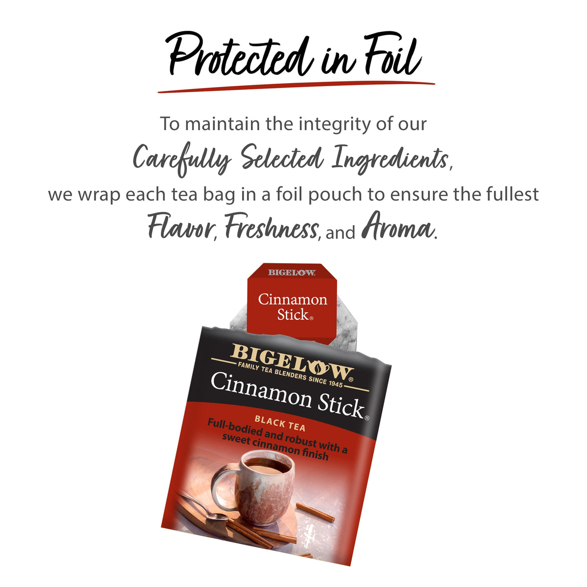 Bigelow Cinnamon Stick Black Tea packaging highlighting six-pack USA-made quality