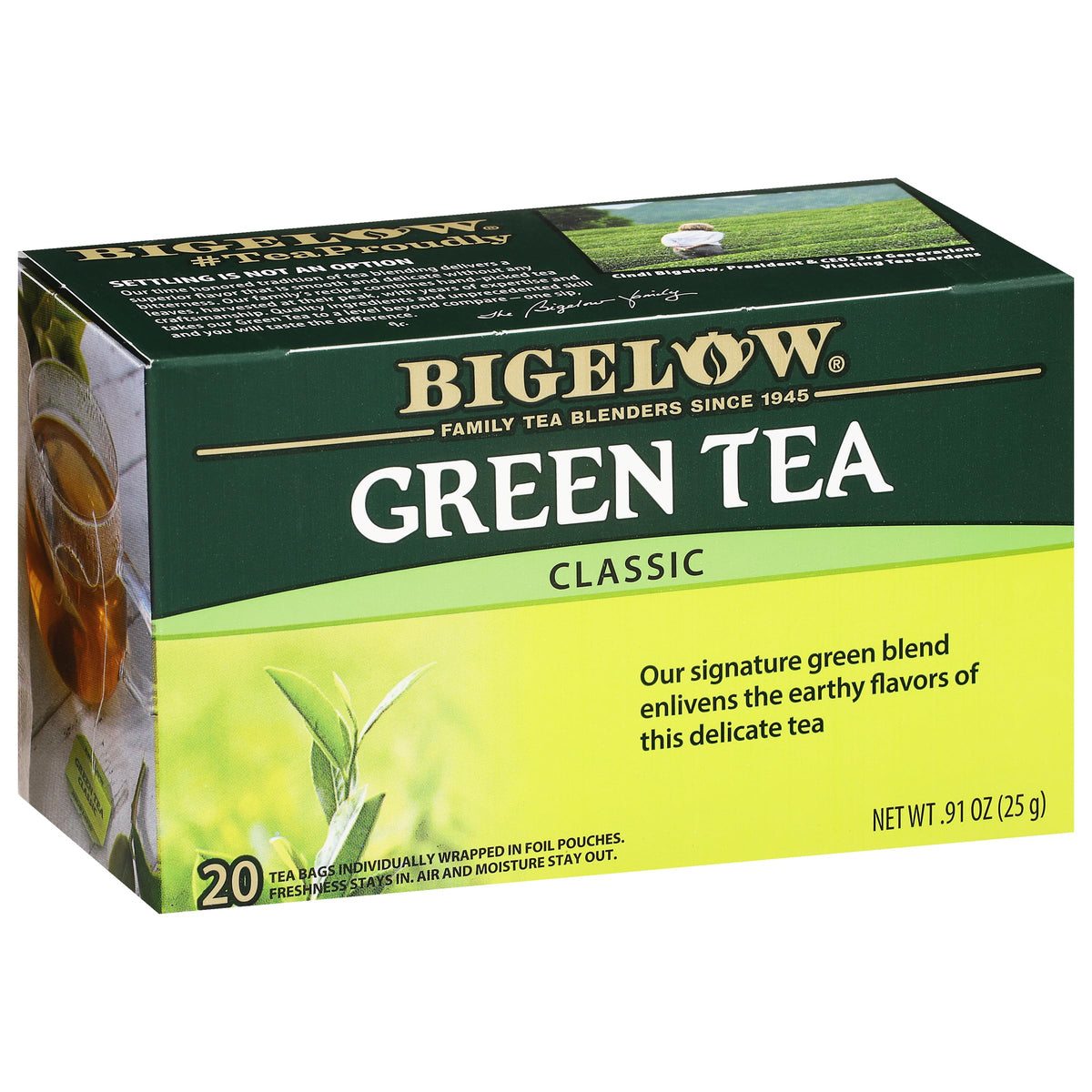 Bigelow Classic Green Tea bags ready to brew a smooth, refreshing cup.