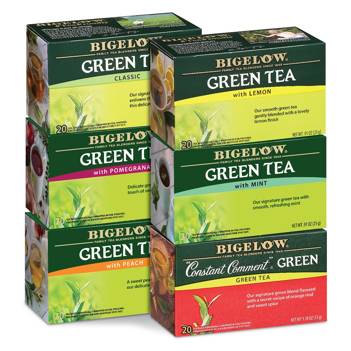 Bigelow Classic Green Tea pack with premium bags for daily hot or iced tea