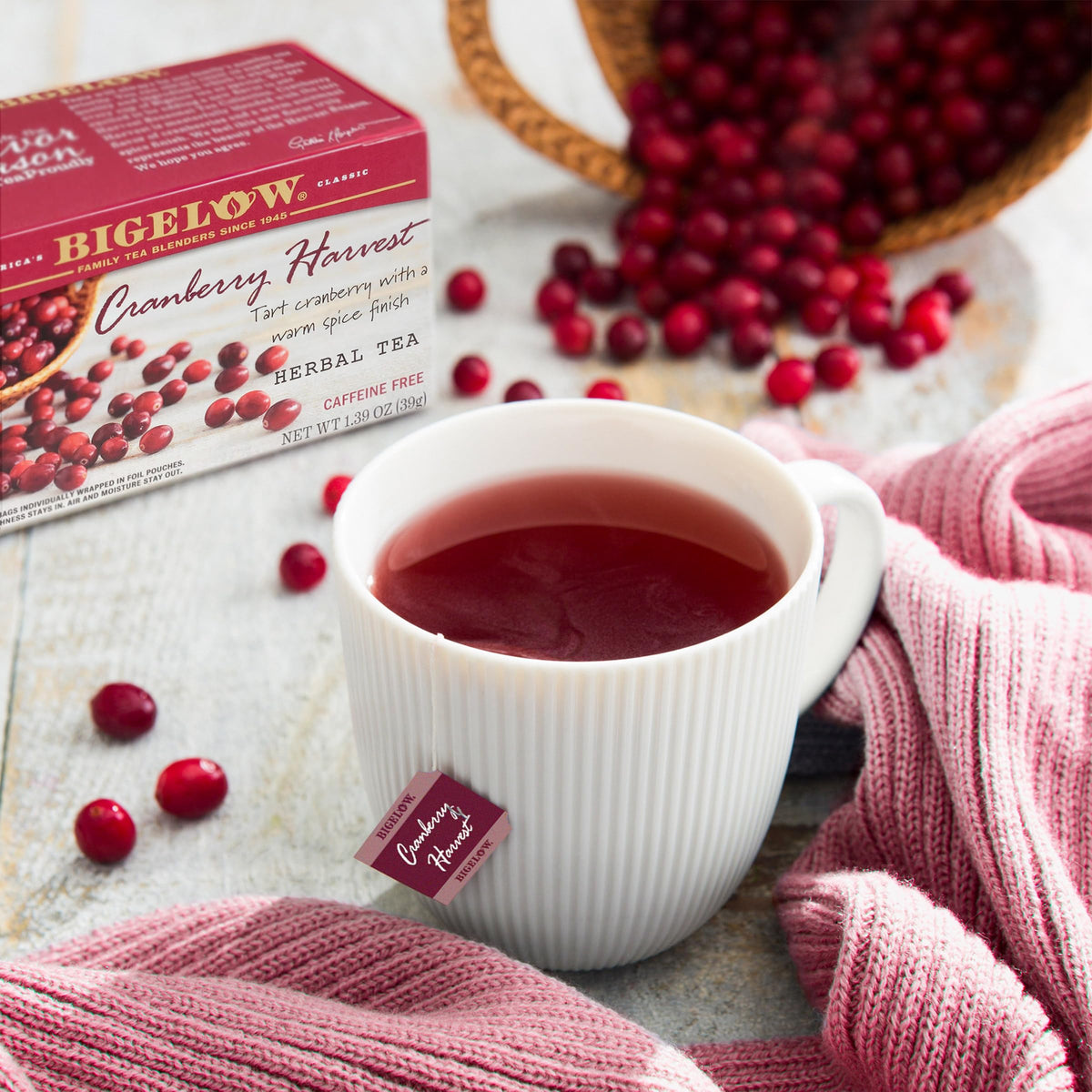 Bigelow Cranberry Harvest box showing convenient, individually wrapped tea bags for peak freshness