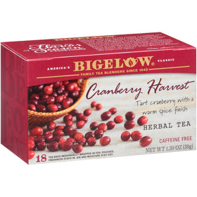 Bigelow Cranberry Harvest tea bags in a festive box, highlighting a caffeine-free herbal blend