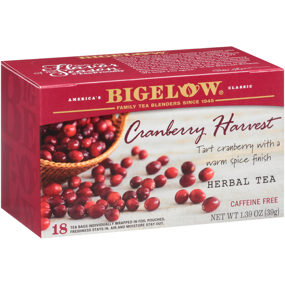 Bigelow Cranberry Harvest tea bags in a festive box, highlighting a caffeine-free herbal blend