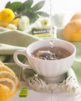 Bigelow decaf tea bags in a foil-wrapped pack for freshness on the go
