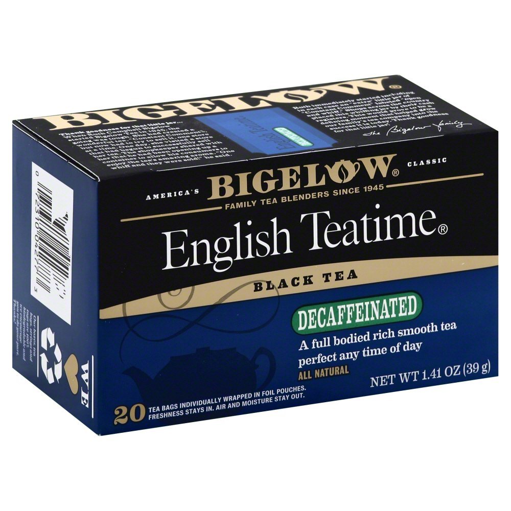 Bigelow Tea English Teatime decaffeinated bags offer a smooth, caffeine-free indulgence any time.