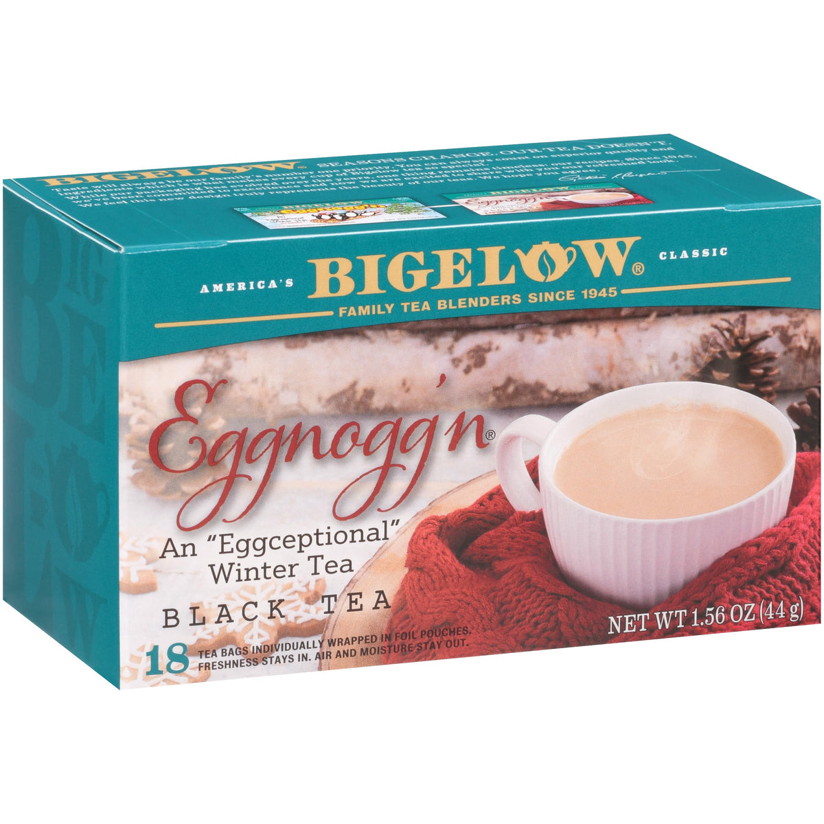 Bigelow Eggnogg'n Black Tea box shown as a festive holiday packaging display.