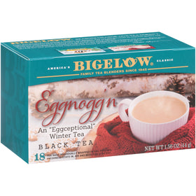 Bigelow Eggnogg'n Black Tea box shown as a festive holiday packaging display.