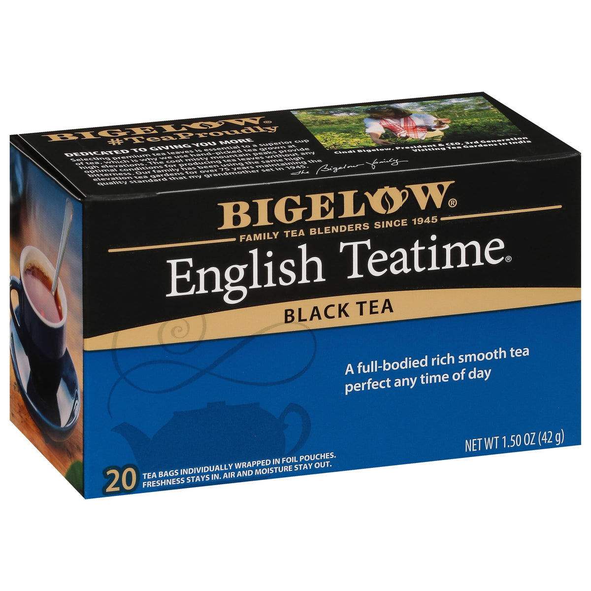 Bigelow English Teatime black tea bags deliver full-bodied flavor.