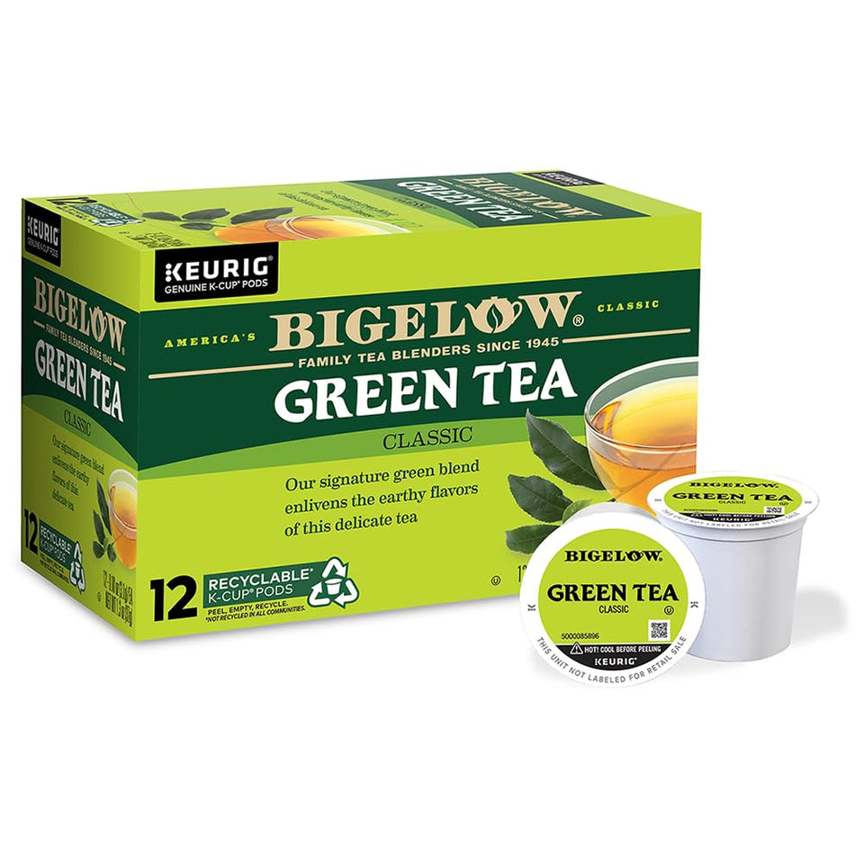 Bigelow Green Tea K-Cup box front showing convenient daily brewing.