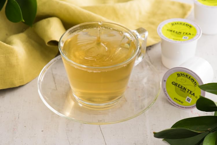 Bigelow Green Tea K-Cup brewed cup with bright aroma and smooth flavor.