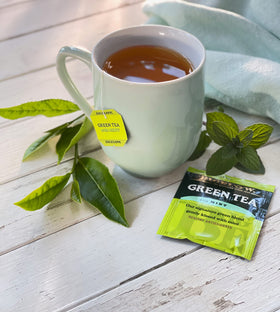 Bigelow Green Tea with Mint hot cup being brewed for a soothing start