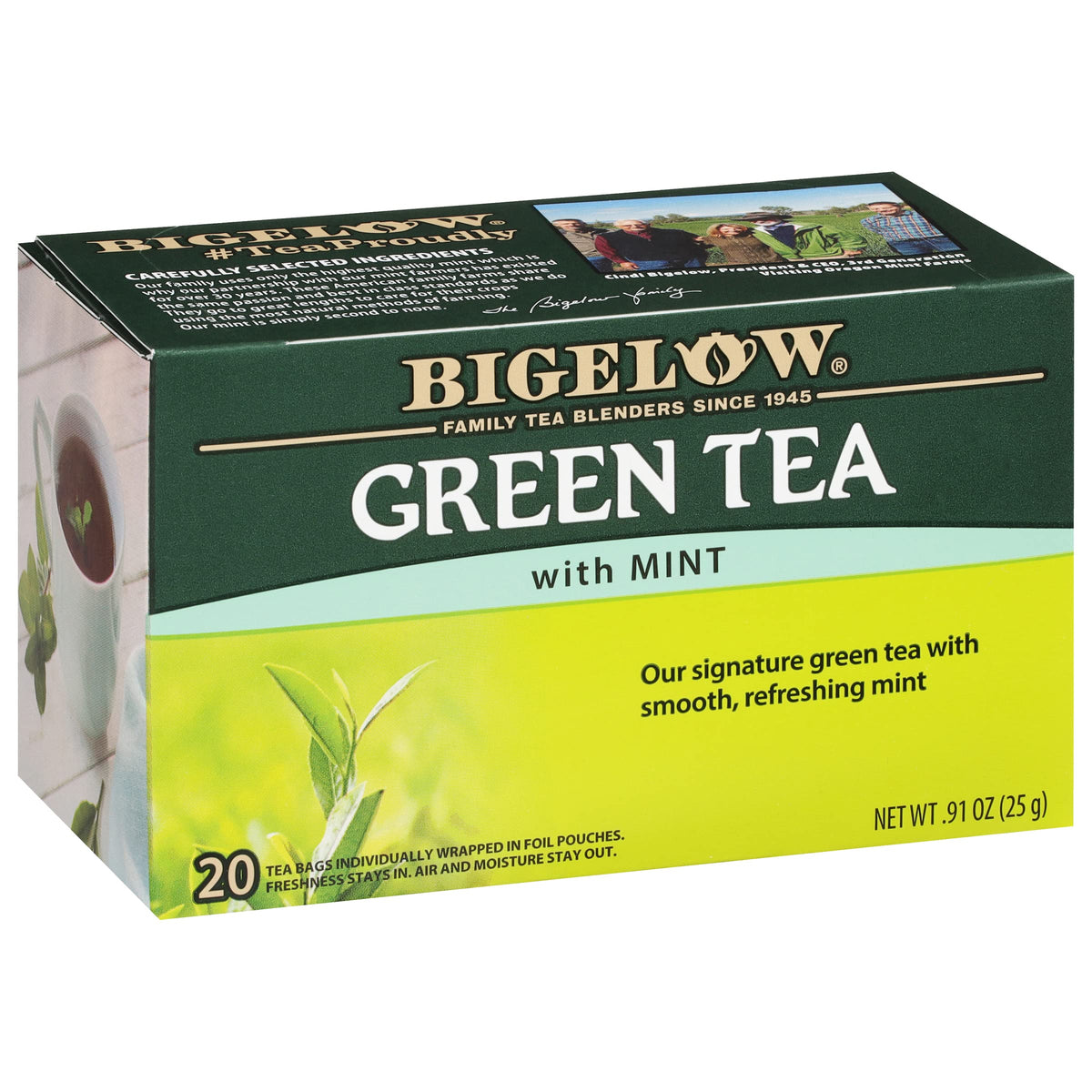 Bigelow Green Tea with Mint tea bags close-up, inviting aroma