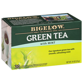 Bigelow Green Tea with Mint tea bags close-up, inviting aroma