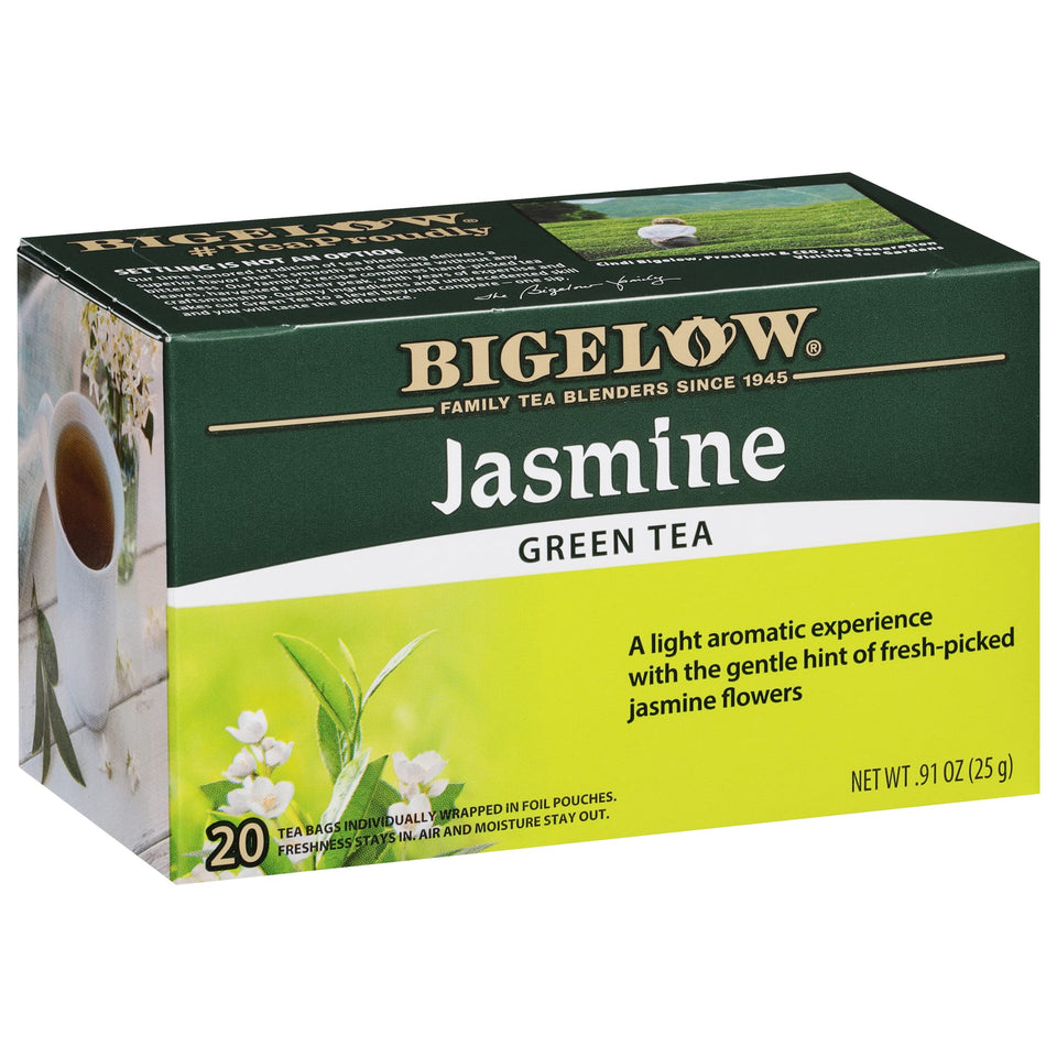 Bigelow Jasmine Green Tea box showing the classic packaging, premium quality