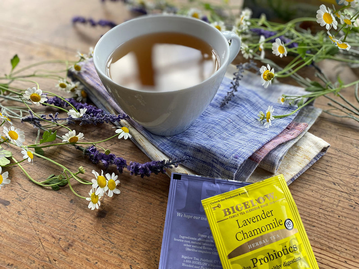 Bigelow Tea Lavender Chamomile Probiotics packaging highlights gluten-free, non GMO notes