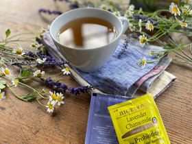 Bigelow Tea Lavender Chamomile Probiotics packaging highlights gluten-free, non GMO notes