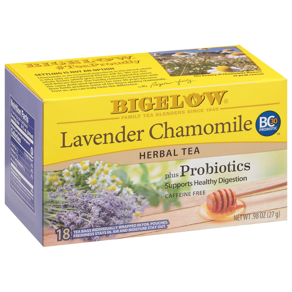 Bigelow Tea Lavender Chamomile Probiotics tea bags for portable relaxation and flavor freshness
