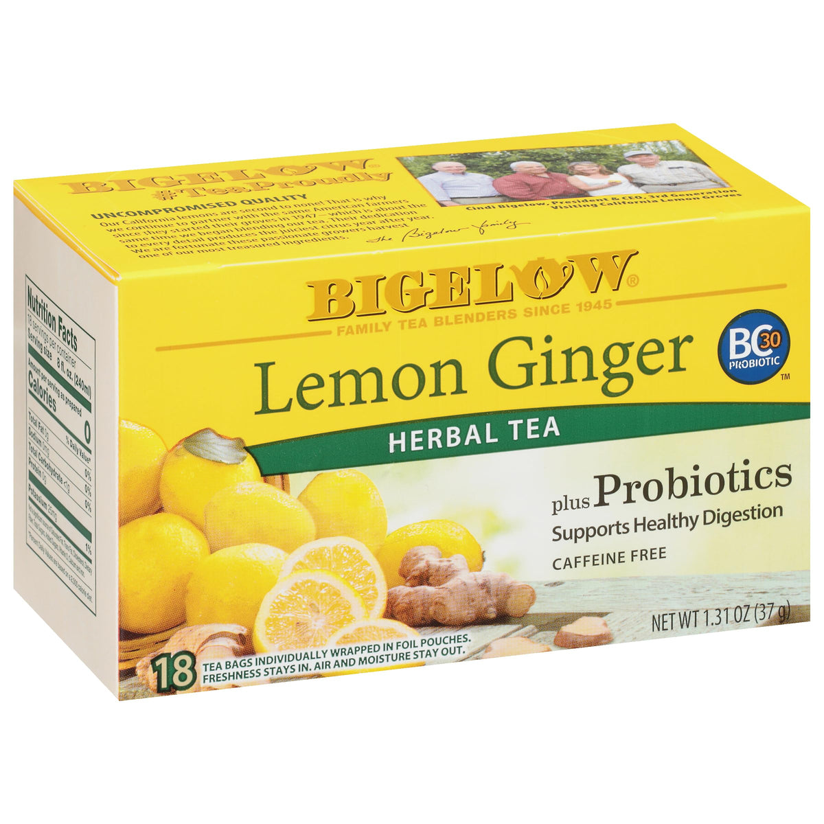 Bigelow Tea Lemon Ginger Probiotics box front, caffeine-free flavor profile