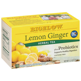 Bigelow Tea Lemon Ginger Probiotics box front, caffeine-free flavor profile