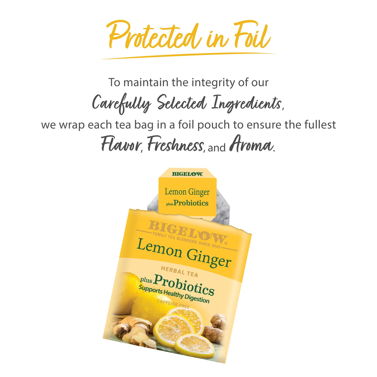 Bigelow Tea Lemon Ginger Probiotics ingredients label with lemon and ginger