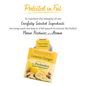 Bigelow Tea Lemon Ginger Probiotics ingredients label with lemon and ginger