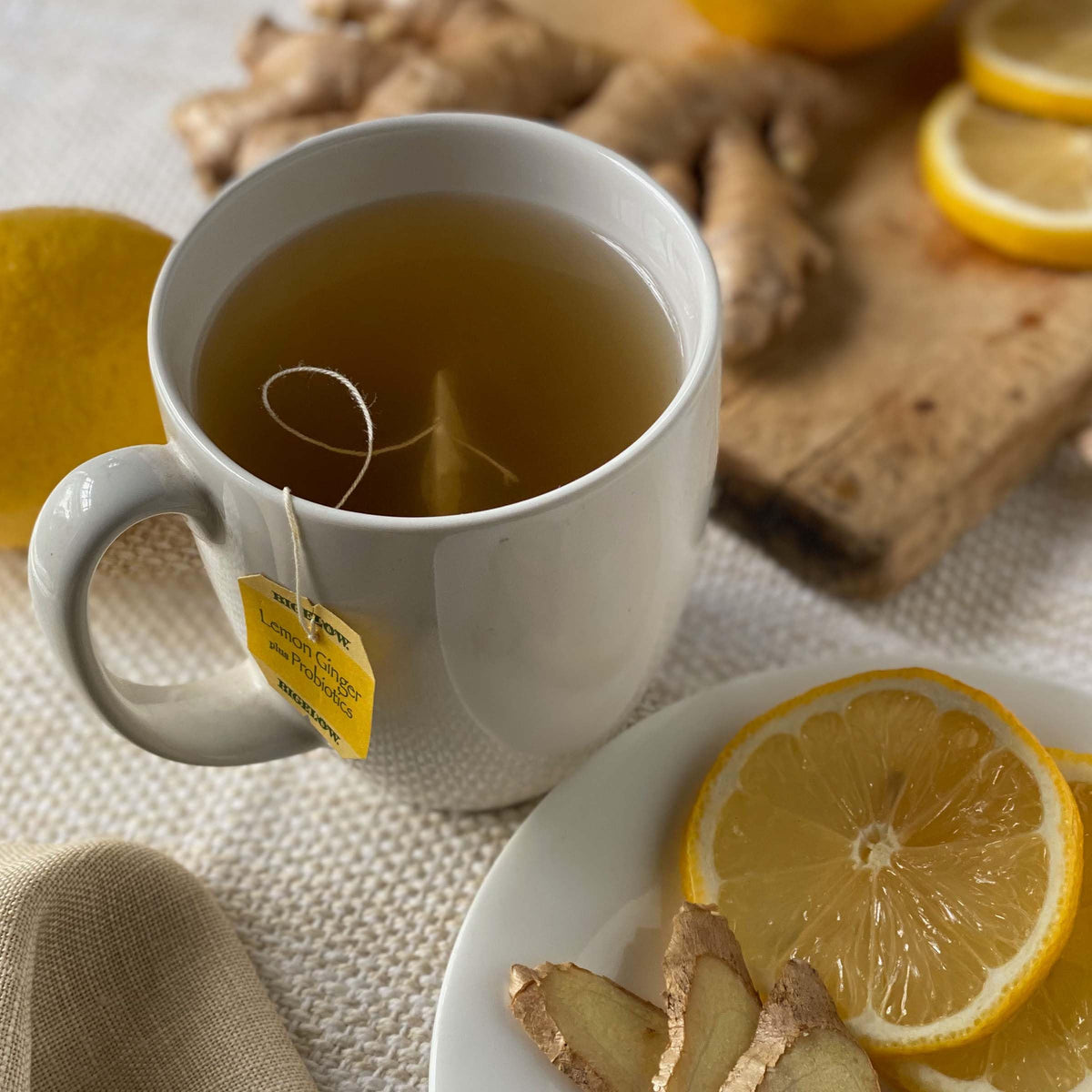 Bigelow Tea Lemon Ginger Probiotics tea bags inside pack for on-the-go brewing